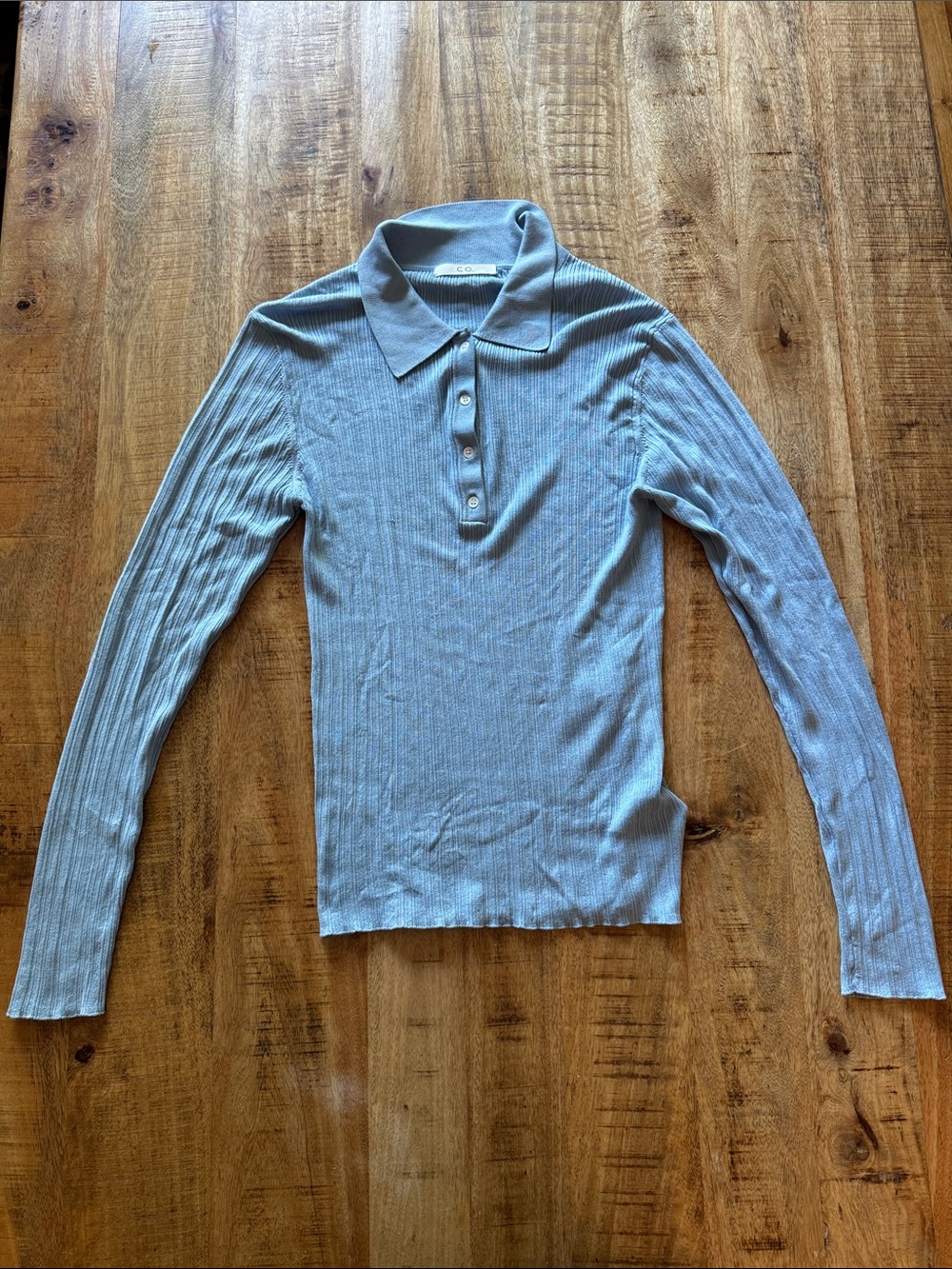 CO Collection 100% silk Ribbed Polo Knit long sleeve blouse Top light baby blue